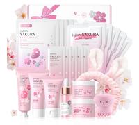 Japan Sakura Ensemble de soins de la peau avec masque de sommeil, masque de boue, masque pelable, nettoyant, bâton de masque solide, masque en gelée au collagène, sérum pour le visage