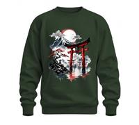 Japan Torii Tor Fuji Berg Bonsai Y2K Sweat-shirt Pull, Vert Bouteille, S | Sumi-e Aquarelle Volcan Kyoto Tokyo Asie Spirituel Temple Shinto Calligraphie Encre Japonaise