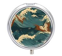 Japan Wave Boîte à pilules de voyage 3 compartiments 3 fois par jour Joli mini pilulier pour sac à main et poche Boîte à médicaments portable en métal avec miroir Récipient rond pour médicaments