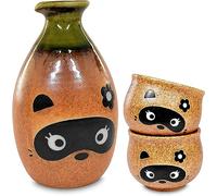 JapanBargain, Ensemble bouteille à saké japonais authentique en porcelaine avec tasses, fabriqué au Japon (Tanuki)
