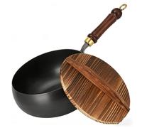 Japanese Cast Iron Pot, Multifunctional Uncoated Non-Stick Cast Iron Wok with Lid, High Purity Frying Pan for Cooking, Heavy Duty Cookware for Induction, Gas & Electric Stoves. (Wooden Lid,10.3in)