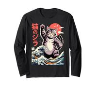Japanese Cat Art Monster Wave Funny Cat for Men Women Kids Manche Longue