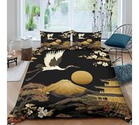 Japanese Crane Housse de Couette Microfibre 3 Pièces Imprimé en 3D Super Douce Or Ink Art Style Ensemble De Literie avec Fermeture Éclair Résistante for Enfants Garçons Filles Double（200x200cm）