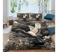 Japanese Crane Linge de Lit Microfibre Hypoallergique 3 Pièces 3D Effet Confortable Traditional Art Style Housse de Couette avec Fermeture Éclair Ultra Douce for Chambre à Coucher Single（135x200cm）