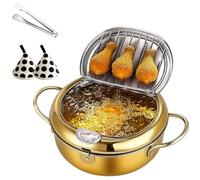 Japanese Deep Fryer Pot, 304 Stainless Steel Japanese Frying Pot With Thermometer And Oil Drip Drainer Rack & Lid, for Kitchen Stove/Induction Cooker French Fries Fryer Chicken (Gold,24cm/9.4in)