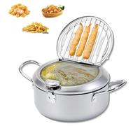 Japanese Deep Fryer Pot, Japanese Style Tempura Frying Pot, 304 Stainless Steel Frying Pot with Thermometer and Oil Drip Drainer Rack, for French Fries, Shrimp, Chicken (Sliver,M)