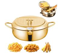 Japanese Deep Fryer Pot, Japanese Style Tempura Frying Pot, 304 Stainless Steel Frying Pot with Thermometer and Oil Drip Drainer Rack, for French Fries, Shrimp, Chicken (Gold,28cm/11.02in)