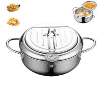 Japanese Deep Fryer Pot, Japanese Style Tempura Frying Pot with Lid, Stainless Steel Frying Pots with Thermometer and Oil Drip Drainer Rack for French Fries, Shrimp, Chicken (Silver,28cm/11.02)