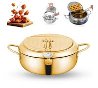 Japanese Deep Fryer Pot, Stainless Steel Frying Pot with Thermometer and Oil Drip Drainer Rack, 304 Steel Small Anti-Splash Oil Fryer for French Fries, Shrimp & Chicken (Gold,24cm/9.4in)