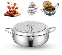 Japanese Deep Fryer Pot, Stainless Steel Frying Pot with Thermometer and Oil Drip Drainer Rack, 304 Steel Small Anti-Splash Oil Fryer for French Fries, Shrimp & Chicken (Silver,20cm/7.9in)