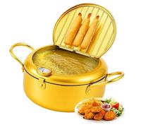 Japanese Deep Fryer Pot, Stainless Steel Frying Pot with Thermometer, Lid & Oil Drip Rack, Fryer for French Fries, Shrimp, Chicken, Non Adhesive Oil Fume (Gold,24cm/9.45in)