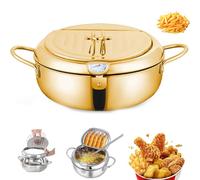 Japanese Deep Fryer Pot with Basket, 304 Stainless Steel Frying Pot with Thermometer and Oil Drip Drainer Rack, for French Fries, Shrimp, Chicken (Gold,m)