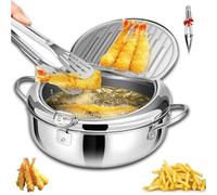 Japanese Deep Fryer Pot with Thermometer and Lid, 304 Stainless Steel Tempura Frying Pan with Basket & Oil Drip Drainer Rack for Induction Stove Top Kitchen Cooking (L,Silver)
