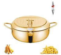 Japanese Deep Fryer Pot with Thermometer and Lid, 304 Stainless Steel Tempura Frying Pan with Basket & Oil Drip Drainer Rack for Induction Stove Top Kitchen Cooking (S,Gold)