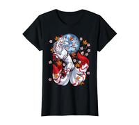 Japanese Fantasy Folklore Clothing Kitsune Japonais Renard à neuf Queues Fleurs de Cerisier T-Shirt Noir Unisex-Adultes S