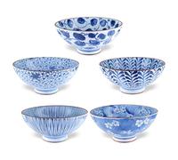 Japanese Handcrafted Rice Bowl, Authentic Mino Ware Pottery, Aie gawari Chawan, Set of 5