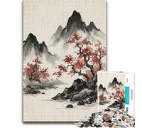 Japanese Ink Painting Landscape with Red Tree Puzzle en Bois, 1000 pièces