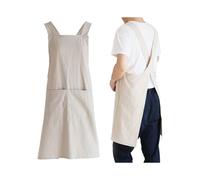 Japanese Linen Cross Back Kitchen Cooking Aprons for Men with Pockets for Baking Painting Gardening Cleaning Khaki