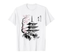Japanese Pagoda Sakura Cherry Blossoms Tree Sumi-e T-Shirt