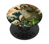 Japanese Raccoon with Funny Animals, Raccoonzilla Graphic PopSockets PopGrip Adhésif