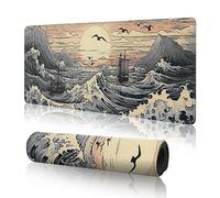 Grand tapis de souris de jeu japonais avec base antidérapante et bords cousus - Motif vagues japonaises - 80 x 30 cm