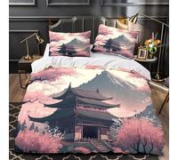 Japanese Temple Parure de Lit Microfibre Hypoallergique 3D Imprimée 3 Pièces Éclair Ultra Douce traditional Architecture Housse de Couette Respirante Entretien Facile for Couple Double（200x200cm）