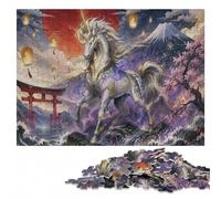 Japanese Unicorn with Mount Fuji Puzzle en Bois pour Adultes | Cadeau de fin d'année pour fan de puzzle avec loisir manuel en intérieur pendant le temps libre.