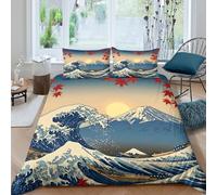 Japanese Wave Art Parure de Lit Microfibre 3 pièces Imprimé en 3D Hypoallergique Traditional Ukiyo-e Ensemble De Literie avec 2 x Taies d'oreiller Confortable for Couple Single（140x200cm）