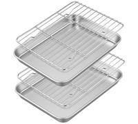 JAPCHET Lot de plaques de cuisson en acier inoxydable avec grille de refroidissement, 17 x 23 cm, plaque de four en métal, 2 plateaux et 2 grilles pour rôtir