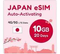 Japon eSIM 20 jours 10 Go | Code QR eSIM envoyé par e-mail dans les 24 heures suivant l'expédition | Scannez le code QR et utilisez immédiatement | Activation automatique | Données uniquement, pas de