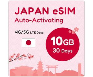 Japon eSIM 30 jours 10 Go | Code QR eSIM envoyé par e-mail dans les 24 heures suivant l'expédition | Scannez le code QR et utilisez immédiatement | Activation automatique | Données uniquement, pas de