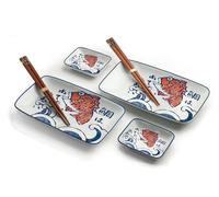 Japon Set d'assiettes à sushi pour chat et koi | Service de vaisselle à sushi 6 pièces pour 2 personnes | Assiettes à sushi, bols et baguettes dans différents designs d'animaux asiatiques - Fabriqué