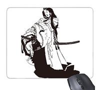 Japon Traditionnel Culture Noir Kimono Samurai Sword Ligne Dessin Sketch Art Illustration de Style Japonais Rectangle en Caoutchouc antidérapant Tapis de Souris de Jeu Tapis de Souris