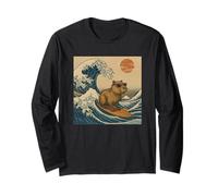 Japonais Capybara Surfing Great Wave Cute Anime Japon Art Manche Longue