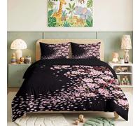 Japonais Fleurs Cerisier Parure de Lit 140 x 200 cm Housse de Couette | Noir Impression Ensemble de literie Oriental Fleurs Oiseaux Pétales Douce Literie, Antibactérien Housse de Couette