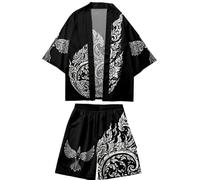 Japonais Traditionnel Noir imprimé Kimono et Short Ensemble Hommes Femmes Yukata Cardigan Cosplay Haori samouraï vêtements (Suit C,L)