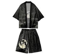 Japonais Traditionnel Noir imprimé Kimono et Short Ensemble Hommes Femmes Yukata Cardigan Cosplay Haori samouraï vêtements (Suit E,M)