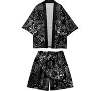 Japonais Traditionnel Noir imprimé Kimono et Short Ensemble Hommes Femmes Yukata Cardigan Cosplay Haori samouraï vêtements (Suit A,M)
