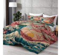 Japonais Vagues Fleurs De Cerisier Printed Comforter Set, All-Season Alternative Duvet Insert, Coloré Soft Quilted Bedding for Bedroom Decor, Breathable Comforter for Summer AC & Winter 220×240 cm