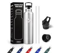 JAPORIA Bouteille d'eau en Acier Inoxydable 1L, Gourde Inox avec en Paille, sans BPA, Anti Fuite et Réutilisable, pour Camping, Voyage, Bureau