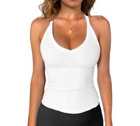 Jar of Love Débardeur d'entraînement pour femme avec col en V et dos nageur en coton côtelé Sapghetti, blanc, Taille M