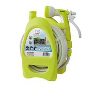 Jardibric Dévidoir d'Arrosage Portable - Tuyau Ø10 mm x 10 m, Pistolet 7 Jets, Nez de Robinet et Raccords - Enrouleur Compact et Pratique pour Jardin, Terrasse, Balcon