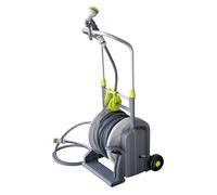 Jardibric - Dévidoir Enrouleur d’Arrosage à Pédale avec Tuyau 25 m - Pistolet 6 Jets et Rallonge 2 m - Arrosage Facile et Confortable pour Jardin