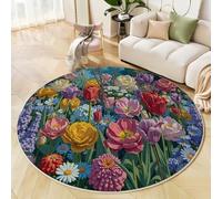 Jardin Anglais Tapis de Salon Rond 80cm, Tapis à Poils Courts Fleurs Épanouies Antidérapant Lavable en Machine Moelleux Moquette pour Salon Chambre Table Basse de Chevet, Vert - Facile à Nettoyer