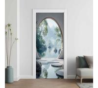 Jardin Arche Effet 3D Sticker Porte, Ruisseau de Montagne Papier Autocollant Porte Mural Décoration, Zen Asiatique Stickers Muraux Amovible PVC 95x215 cm