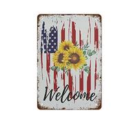 Jardin de tournesols patriotique Bienvenue USA Memorial Day Quatrième de plaque en métal vintage drôle pour chambre à coucher, salon, cuisine, cour, décoration murale, cadeau 12 x 8 pouces, extérieur