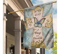 Jardin Signe Double Face Drapeaux De Vacances Coupe-Vent Et Étancheune Drapeau De Jardin Décoration Pour Patio Balcon Porche Croix Avec Dieu, Tout Est Possible, Décoration De Jardin Pour Croyant S