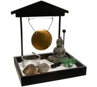 Jardin Zen décoratif de Style Japonais avec Figurine, Pierres, bougeoir, Gong, râteau, Sable, Noir, 16,5 x 15 x 12 cm