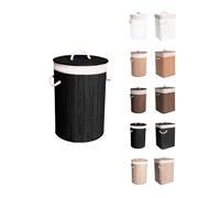 JARDIN202 - Panier à linge en bambou - Panier à linge pliable avec sac amovible et poignées - Seau à linge avec couvercle | Rond (Noir)