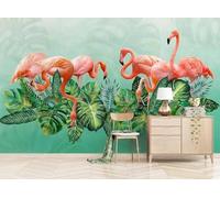 Jardinage Tridimensionnelle Fraîche Flamant Rose À Feuilles Vertes Papier Peint 3D Installation Facile Intissé Tapisserie Bureau Salon Canapé Chambre Décoration Murale-150cm×105cm